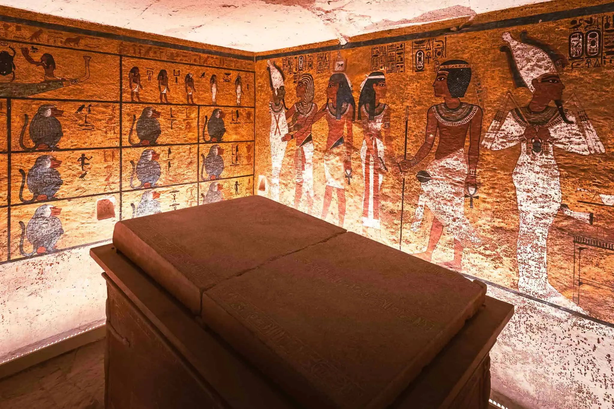 King-Tut-burial-chamber-with-sarcophagus-and-wall-artValley of the Kings, Hatshepsut & Colossi of Memnon Day Tour