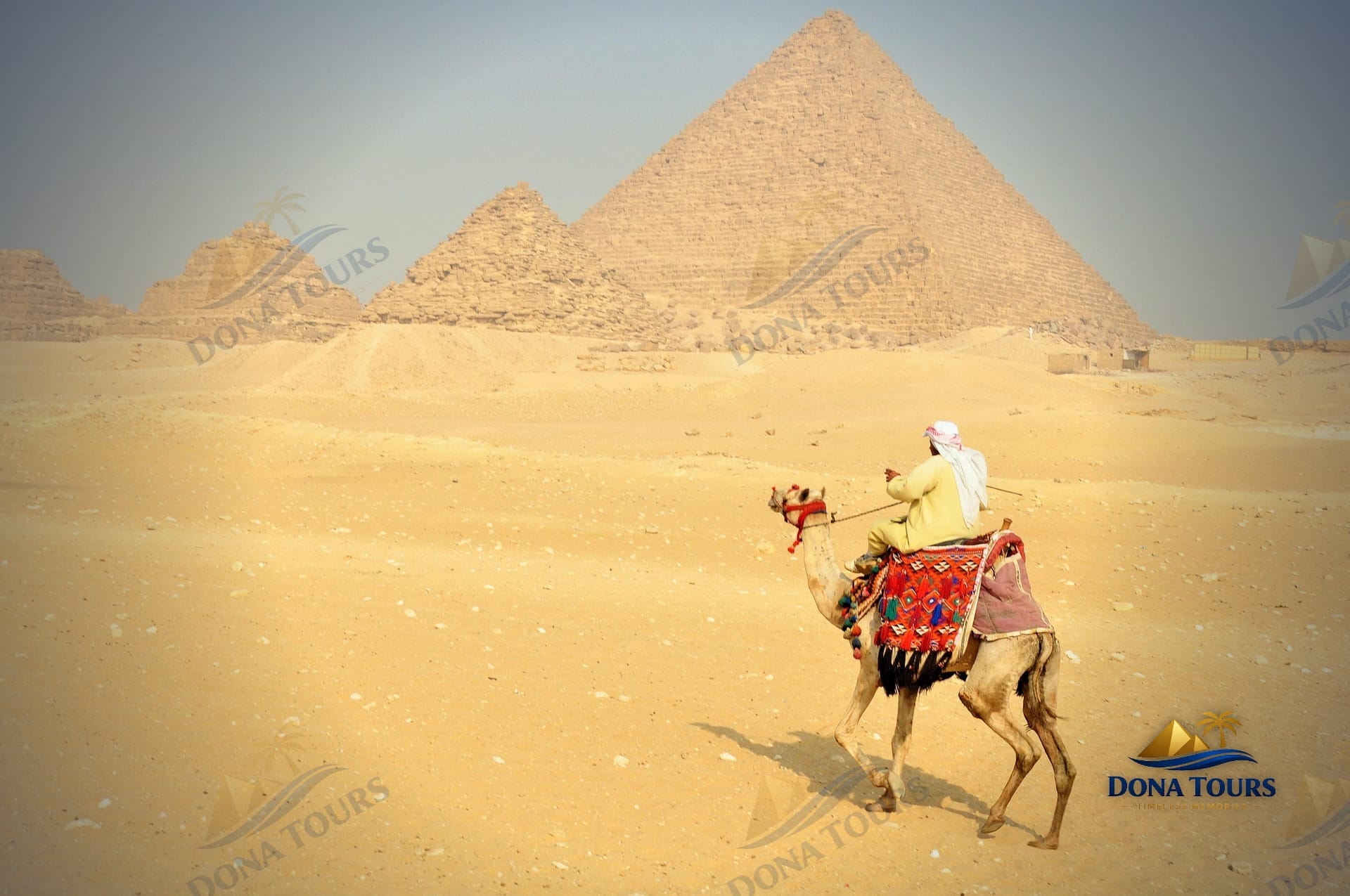 Modern Cairo tour collage featuring the Pyramids, Egyptian Museum, and Old Cairo street, representing DONA Tours day trips.